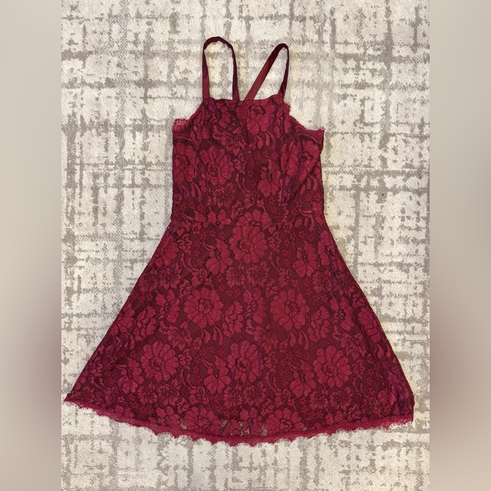 Lulus La Belle Vie Burgundy Lace Backless Skater Dress